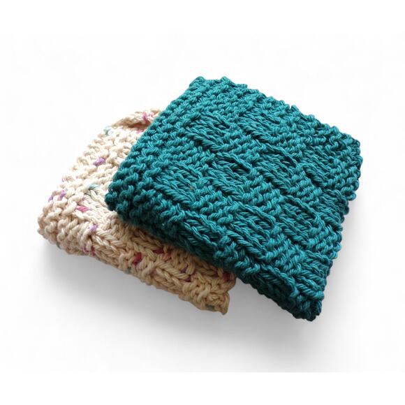 Handmade Knitted Dishcloths Washcloths 100% Cotton Set of 2 Teal Potpourri Ombre - Picture 2 of 3